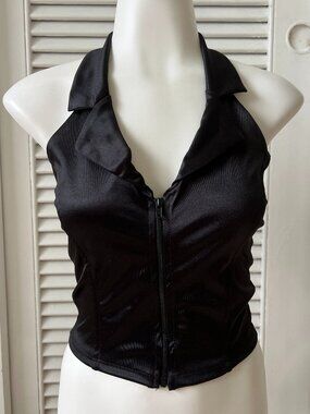 One By One Black Satin Halter Corset Style Zip Front Crop Top XS